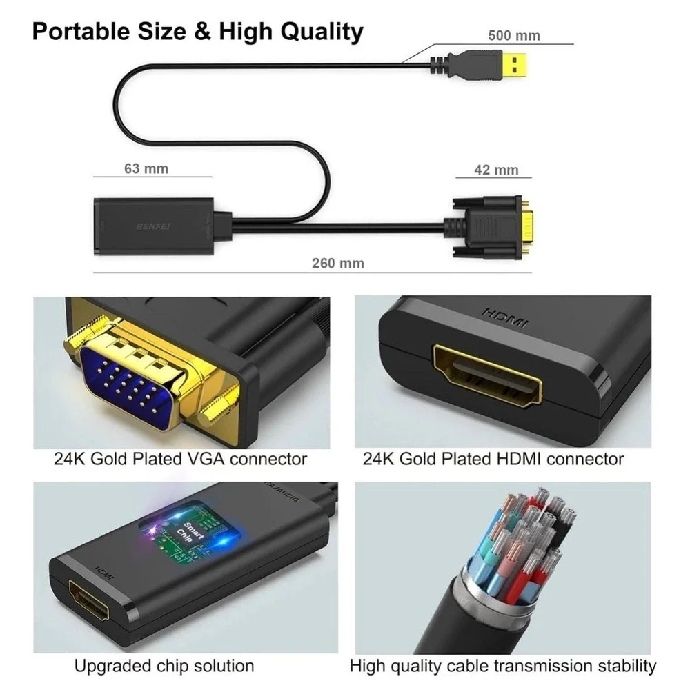 Benfei HDMI to VGA Adapter with Audio and USB‎ Power Support, Gold-Plated
